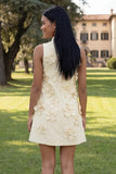 Hot Pink High Neck A-Line Short Formal Dress with 3D Flowers