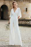 Simple Ivory V-Neck Flutter Sleeves Wedding Jumpsuit with Pocket