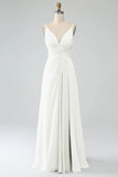 A-Line Peacock Spaghetti Straps Pleated Chiffon Long Bridesmaid Dress