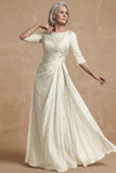 Dusty Sage Ruched A Line Boat Neck Long Mother of the Bride Dress