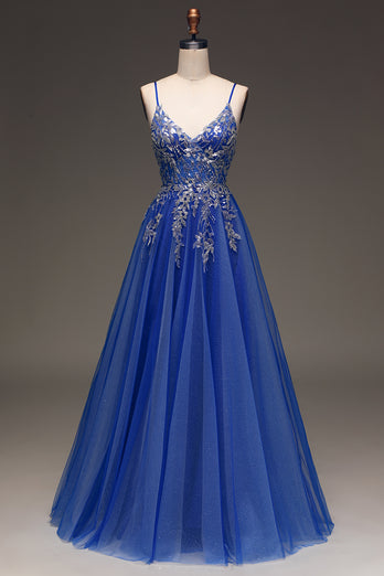 Glitter Royal Blue A-Line Tulle Long Formal Dress with Lace