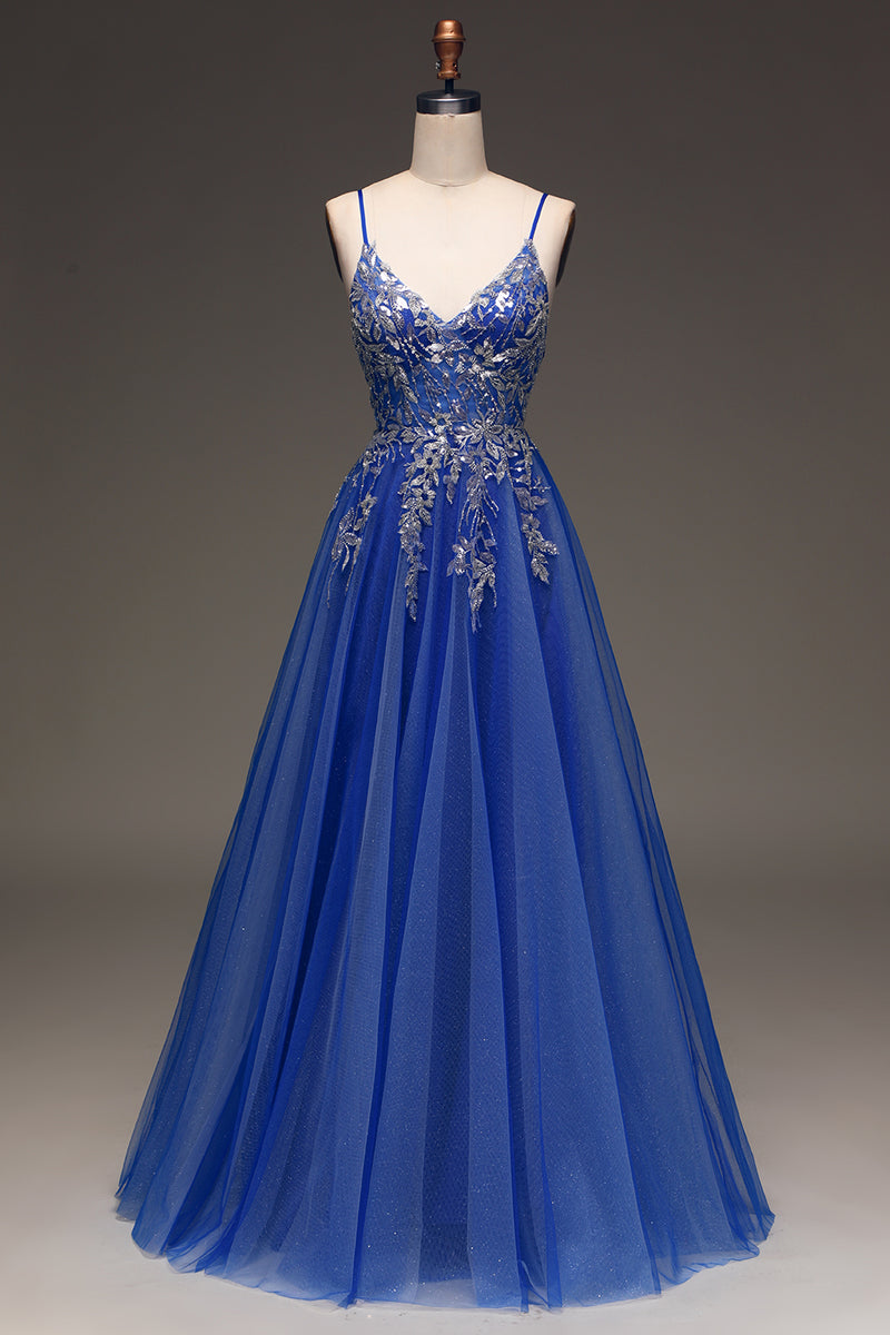 Load image into Gallery viewer, Glitter Royal Blue A-Line Tulle Long Formal Dress with Lace