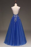 Glitter Royal Blue A-Line Tulle Long Formal Dress with Lace