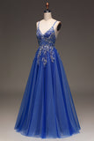 Glitter Royal Blue A-Line Tulle Long Formal Dress with Lace