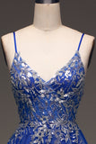 Glitter Royal Blue A-Line Tulle Long Formal Dress with Lace