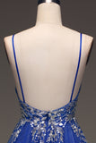 Glitter Royal Blue A-Line Tulle Long Formal Dress with Lace