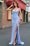 Sparkly Light Blue Mermaid Sequins Prom Dress with Slit