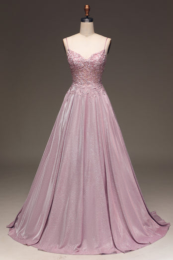 Glitter Blush Corset A-Line Pearls Long Formal Dress with Appliques