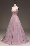 Glitter Blush Corset A-Line Pearls Long Formal Dress with Appliques