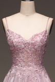 Glitter Blush Corset A-Line Pearls Long Formal Dress with Appliques