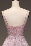 Glitter Blush Corset A-Line Pearls Long Formal Dress with Appliques