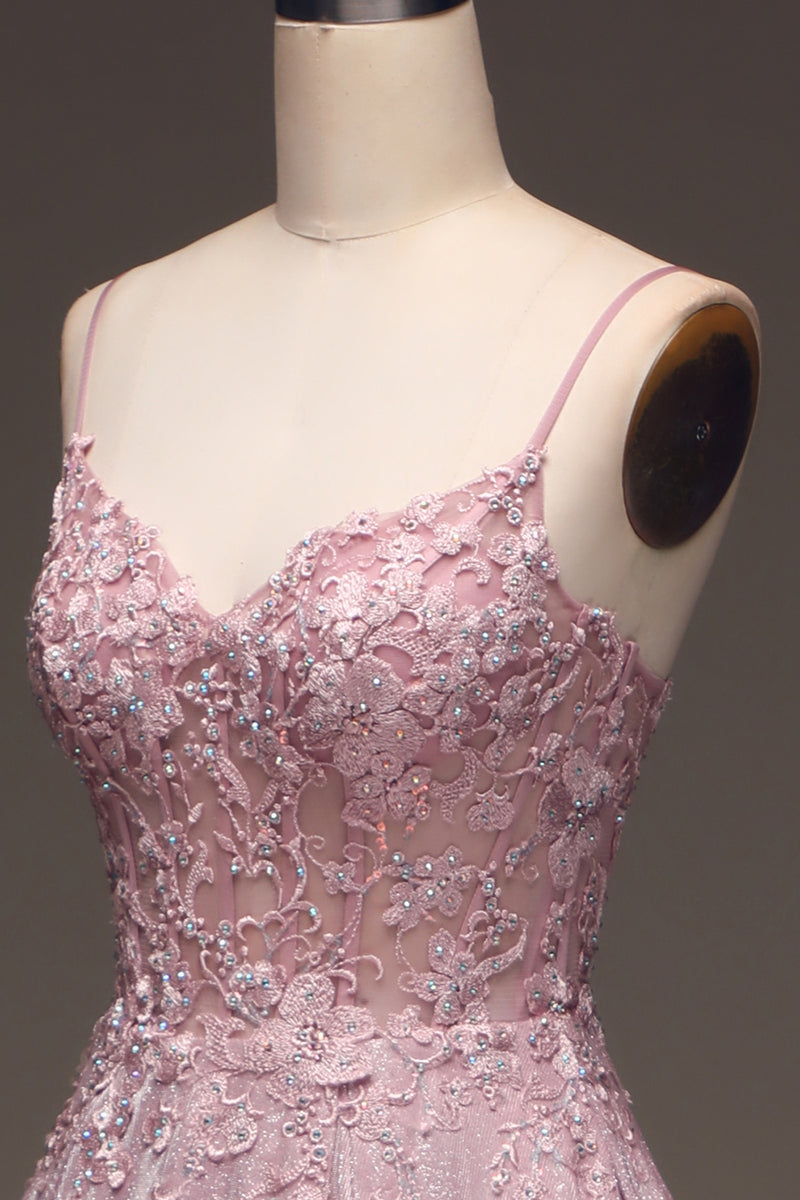 Load image into Gallery viewer, Glitter Blush Corset A-Line Pearls Long Formal Dress with Appliques