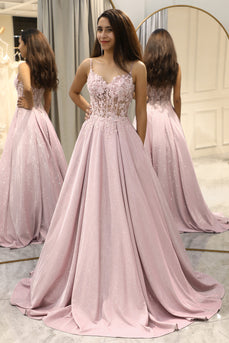 Glitter Blush Corset A-Line Pearls Long Formal Dress with Appliques