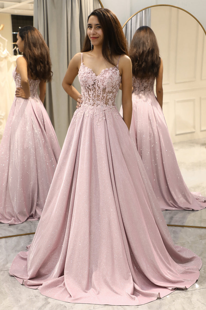 Load image into Gallery viewer, Glitter Blush Corset A-Line Pearls Long Formal Dress with Appliques