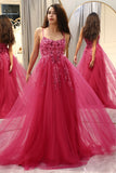 Spaghetti Straps A Line Fuchsia Formal Dress with Appliques