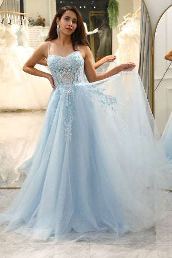 A Line Light Blue Sequin Spaghetti Straps Formal Dress With Appliques