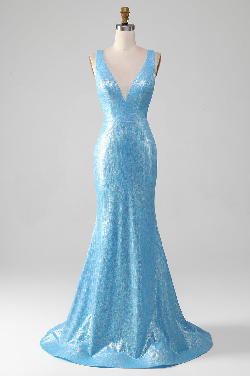 Load image into Gallery viewer, Glitter Blue V-neck Mermaid Formal Dress
