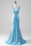 Glitter Blue V-neck Mermaid Formal Dress