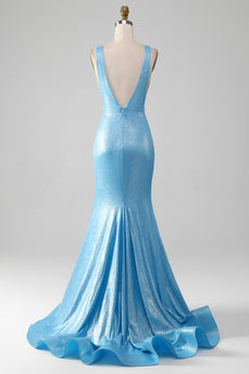 Glitter Blue V-neck Mermaid Formal Dress