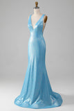 Glitter Blue V-neck Mermaid Formal Dress