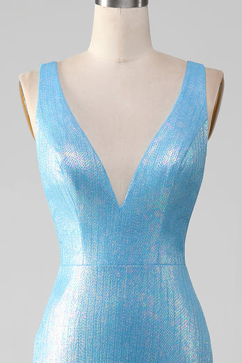 Glitter Blue V-neck Mermaid Formal Dress