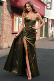 Sparkly Golden Mermaid Strapless Long Prom Dress with Slit