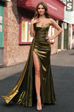 Sparkly Golden Mermaid Strapless Long Prom Dress with Slit