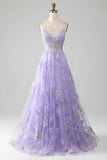 Glitter Purple Corset A-Line Long Formal Dress with 3D Flowers