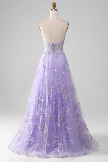 Glitter Purple Corset A-Line Long Formal Dress with 3D Flowers