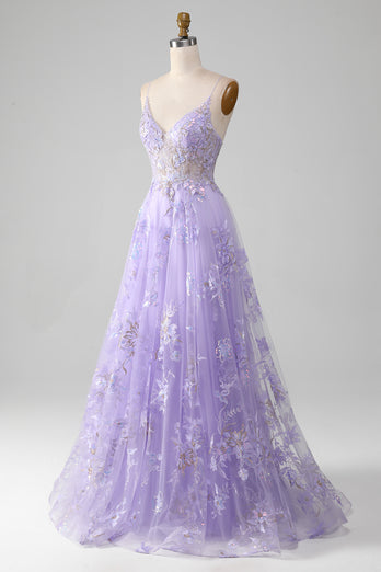 Glitter Purple Corset A-Line Long Formal Dress with 3D Flowers