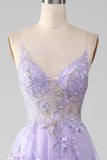 Glitter Purple Corset A-Line Long Formal Dress with 3D Flowers