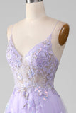 Glitter Purple Corset A-Line Long Formal Dress with 3D Flowers