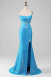 Spaghetti Straps Blue Sparkly Corset Formal Dress with Slit