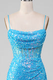 Spaghetti Straps Blue Sparkly Corset Formal Dress with Slit