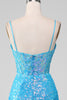 Load image into Gallery viewer, Spaghetti Straps Blue Sparkly Corset Formal Dress with Slit