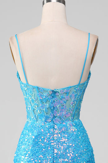 Spaghetti Straps Blue Sparkly Corset Formal Dress with Slit