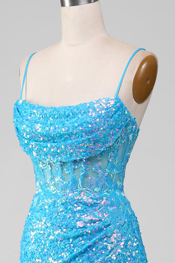 Spaghetti Straps Blue Sparkly Corset Formal Dress with Slit