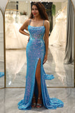 Spaghetti Straps Blue Sparkly Corset Formal Dress with Slit