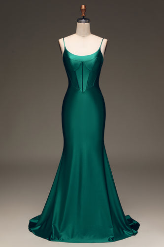 Dark Green Corset Mermaid Long Satin Formal Dress