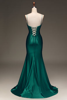 Dark Green Corset Mermaid Long Satin Formal Dress