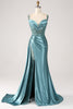 Load image into Gallery viewer, Blue Mermaid V-Neck Satin Long Appliques Sequin Formal Dress With Slit
