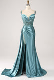 Blue Mermaid V-Neck Satin Long Appliques Sequin Formal Dress With Slit