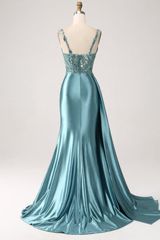 Blue Mermaid V-Neck Satin Long Appliques Sequin Formal Dress With Slit