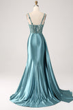 Sparkly Champagne Mermaid Watteau Train Corset Sequins Satin Formal Dress with Slit