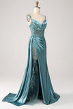 Blue Mermaid V-Neck Satin Long Appliques Sequin Formal Dress With Slit