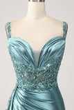 Sparkly Champagne Mermaid Watteau Train Corset Sequins Satin Formal Dress with Slit