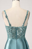 Sparkly Champagne Mermaid Watteau Train Corset Sequins Satin Formal Dress with Slit