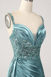 Sparkly Champagne Mermaid Watteau Train Corset Sequins Satin Formal Dress with Slit