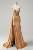 Sparkly Champagne Mermaid Watteau Train Corset Sequins Satin Formal Dress with Slit