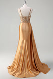 Sparkly Champagne Mermaid Watteau Train Corset Sequins Satin Formal Dress with Slit